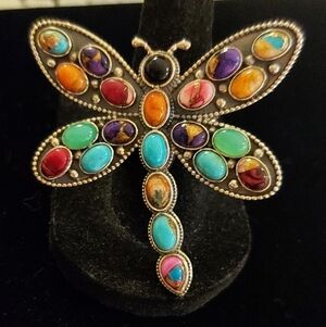 New LARGE Sterling Silver & Multistone Multicolor Dragonfly Ring Size 9